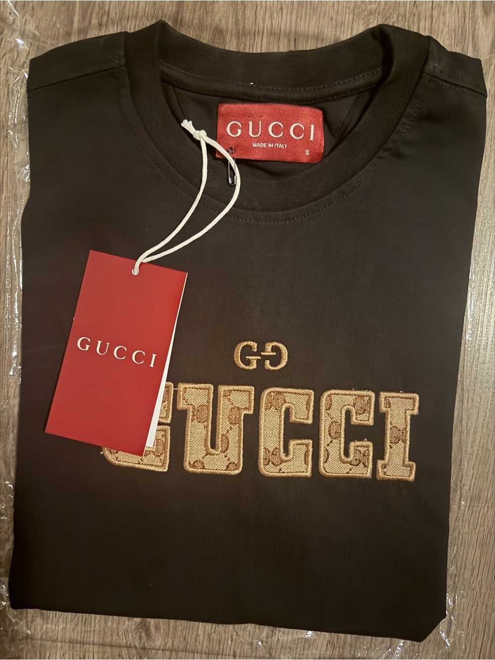 Gucci Black Tee with Gold Embroidered Logo